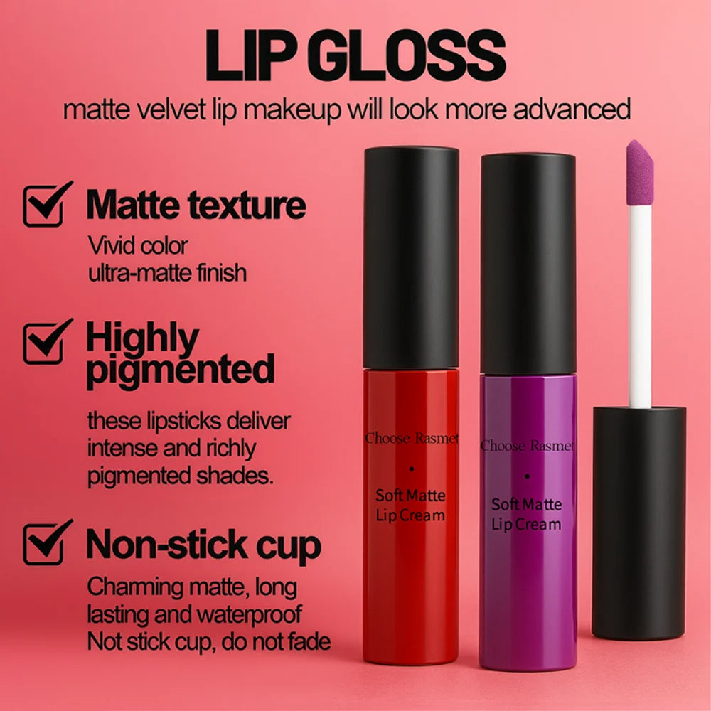 Lip Gloss Mat Catifelat – Ruj Lichid Rezistent la Apă, Nuanțe Roșu & Nude