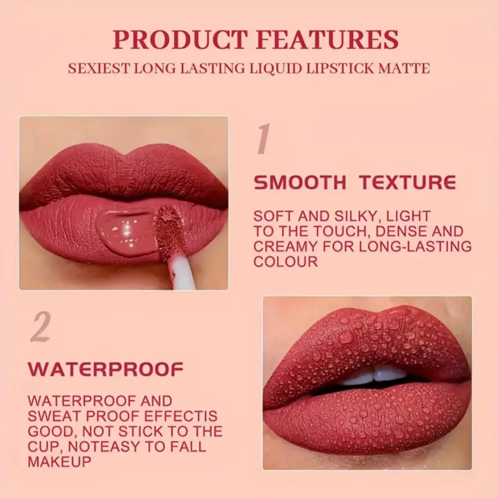 Lip Gloss Mat Catifelat – Ruj Lichid Rezistent la Apă, Nuanțe Roșu & Nude