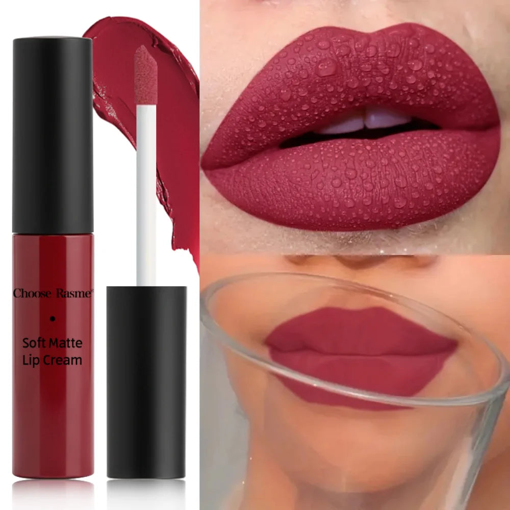 Lip Gloss Mat Catifelat – Ruj Lichid Rezistent la Apă, Nuanțe Roșu & Nude