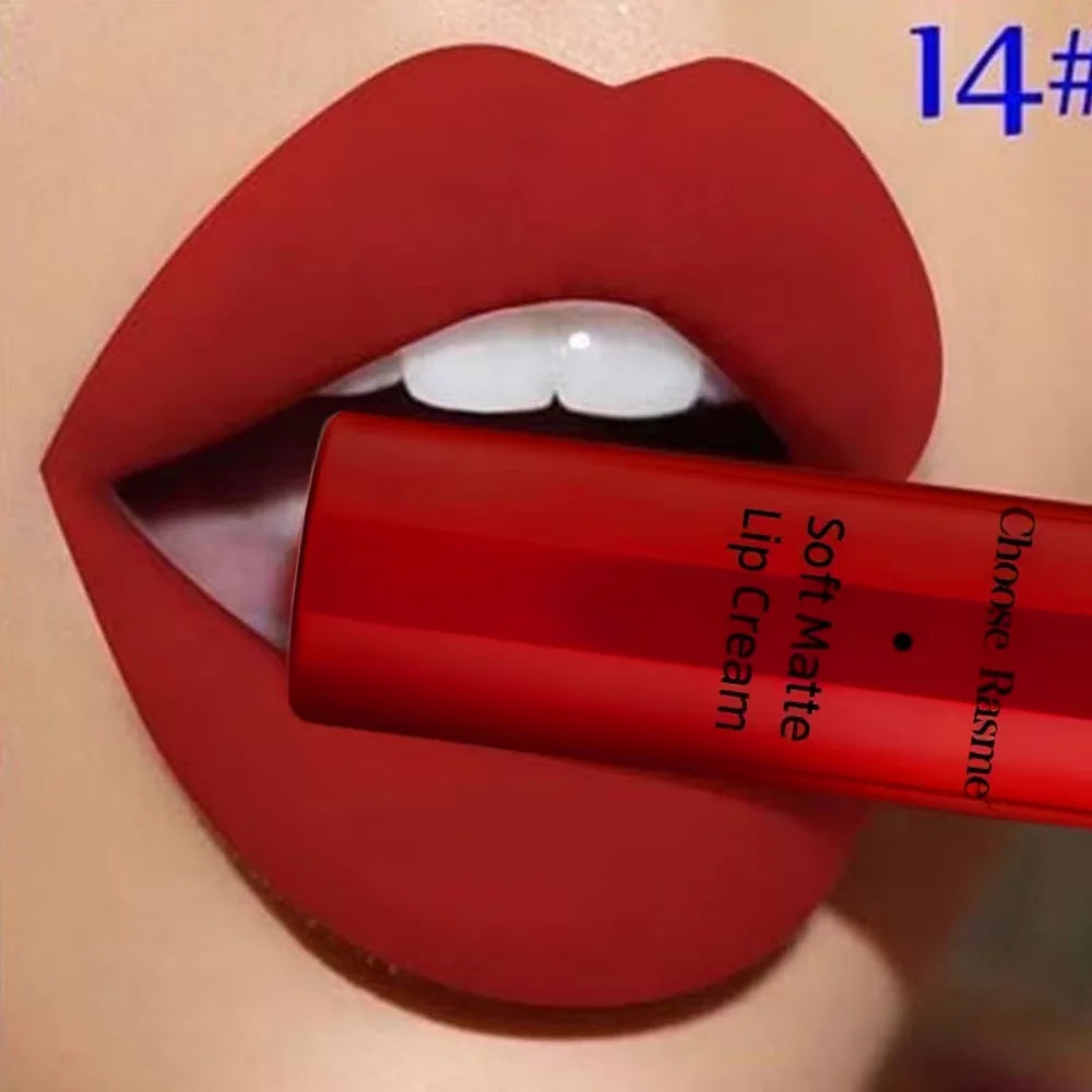 Lip Gloss Mat Catifelat – Ruj Lichid Rezistent la Apă, Nuanțe Roșu & Nude